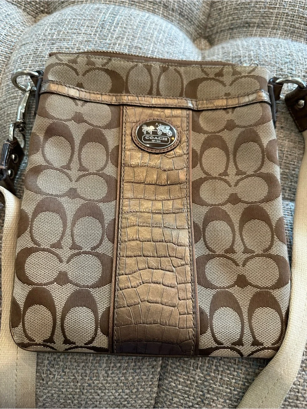 Coach Signature Canvas w/Croc-Embossed Leather Trim Swingpack Crossbody Bag EUC